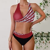 preiswerte Tankinis-Damen Badeanzug Zweiteilig Rock Bademode Rückenfrei Urlaub Strandbekleidung Gestreift V Ausschnitt Ärmellos Badeanzüge