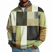 cheap Geometric Pattern-Men's Geometric Plaid Waffle Sweatshirt Fashion Daily Classic Casual Stand Collar Quarter Zip Outdoor Home Office Work Blue Orange Green Gray Zip Up Fall Winter Designer S M L XL XXL XXXL