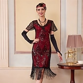 cheap 1920s Dresses-Roaring 20s 1920s Knee Length Flapper Dress Short Sleeves The Great Gatsby Sequins Fringe V Neck Fancy Dress Women's Christmas Carnival speakeasy Masquerade Retro Theme Party Adults' Dress