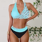 preiswerte Tankinis-Damen Badeanzug Zweiteilig Rock Bademode Rückenfrei Urlaub Strandbekleidung Gestreift V Ausschnitt Ärmellos Badeanzüge