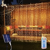 رخيصةأون يعمل بالطاقة الشمسية-أضواء ستارة 10 * 10 قدم 300 LED 8 أوضاع جهاز تحكم عن بعد شمسية أضواء خيط معلقة داخلية وخارجية مقاومة للماء لزينة الأعراس والمهرجانات