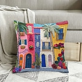 cheap Throw Pillows,Inserts &amp; Covers-Mediterranean Style Pillow Cover with 2D Flat Print Single-Sided Colorful Town Scene Plants and Flowers Decorative Cushion Case for Sofa Living Room Home