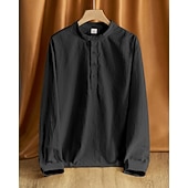 economico Camicie di lino-Per uomo Camicia Camicia di lino Camicia popover Camicia casual Camicia di cotone Semplice Vacanza Camicia hawaiana Nero Bianco Cachi Verde militare Manica Lunga Colletto alla coreana Primavera