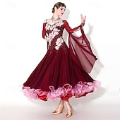 abordables Vêtements de Compétition-Women's Elegant Ballroom Dance Dress Rhinestone Floral Applique Waltz Tango Modern Rumba Competition Performance Gown Maroon