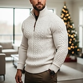 baratos suéter pulôver masculino-Homens camisolas de natal Pulôver suéter Cabo Tricotar Tops regulares Tricotado Quarter Zip Tecido Colarinho Chinês Contemporâneo Moderno Casual Natal Trabalho Roupa Primavera Outono &amp; inverno Azul