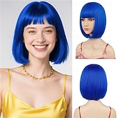 baratos Perucas de Carnaval-Peruca de Carnaval 2026 Vermelho Azul Branco Liso Bob Curto Peruca sintética para festivais Mardi Gras Parada Cabelo para fantasia de cosplay para Feminino