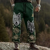preiswerte Bedruckte Freizeithosen für Herren-Herren Wolf Wikinger Keltische Kunst Hosen Hose Freizeithose Mittlere Taille Kordelzug Elastischer Bund Vintage-Retro Outdoor Campen und Wandern Jagd Gerade Hosen Frühling Herbst 3D-Druck Schwarz
