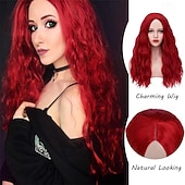 cheap Carnival Wigs-Womens Red Wig Long Curly Wavy Red Wigs Middle Part Synthetic Heat Resistant Full Wig for Carnival Festival Party