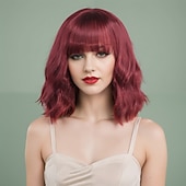 baratos Perucas de festa-Perucas sintéticas Ondulado Trama Curly Corte Assimétrico Franja Lisa Fabrico à Máquina Peruca 14 polegadas Vermelho Vinho Cabelo Sintético Mulheres Clássico Confortável Requintado Vinho