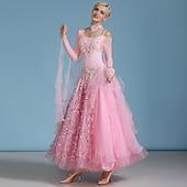 economico Abbigliamento da Competizione-abito da ballo da sala da donna elegante rosa con paillettes e decorazioni floreali, spalle scoperte, abito da competizione per valzer, tango, rumba moderna