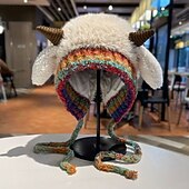 billiga uppvärmning avkylning-festlig jul fårhornhatt kvinnor vinterplyschstickad mössa söt koreansk stil varm ullhatt mysig fleecekeps för semesterfest utomhuskläder