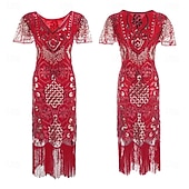 baratos Vestidos dos anos 1920-Loucos anos 20 Anos 20 Meio-dia Vestido melindroso Mangas curtas O Grande Gatsby Menina melindrosa Paetês Franja Tubinho Decote V Fantasia Mulheres Natal Carnaval bar clandestino Mascarilha Festa