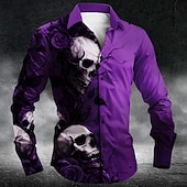 baratos Camisa Vintage-Homens Caveiras Rosa Flores Camisa Social camisa de botão Manga Longa Vintage retrô Estilo gótico escuro Casual Ao ar livre Feriado Primavera Outono Aberto para a Lateral Impressão 3D camisas de