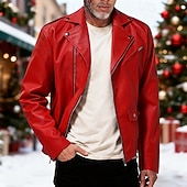 Недорогие Куртка из искусственной кожи-Муж. Кожаные куртки Байкерская куртка Мотоциклетная куртка Рождество Отпуск С защитой от ветра Сохраняет тепло Карман Осень Зима Полотняное плетение Мода Классика Лацкан Обычная Черный Красный Жакеты