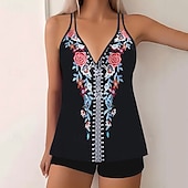 Недорогие Танкини-Жен. Купальники 2 шт. Шорты купальник Открытая спина Отпуск Одежда для пляжа Цветочный принт Графика V-образный вырез Без рукавов Купальники
