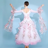 cheap Competition Wear-Women's Elegant White Pink Floral Ballroom Dance Dress Rhinestone Applique Off-Shoulder Waltz Tango Modern Rumba Competition Performance Gown