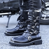 abordables Botas de combate-Botas militares negras para hombre con múltiples hebillas: botas resistentes de piel sintética para actividades casuales y al aire libre.
