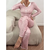 preiswerte Damen Schlafoberteile und -unterteile-Damen Schlafanzug Set Lässig Komfort Blumen Elastischer Bund Hose Heim Täglich Langarm V Ausschnitt Blau Schwarz Weiß Rosa Frühling Herbst Normale Passform