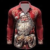 preiswerte Weihnachtsmann-Outfit-Weihnachten Herren Weihnachtsmann Schneemann Weihnachtsbaum Hemd Knopfhemd Langarm Lustig Weihnachtsgeschenke Ferien Frühling Herbst Umlegekragen 3D-Druck Hemden mit Kragen Rote Orange Dunkelblau