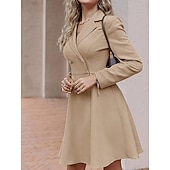 cheap Plain Dress-Women's Midi Dress Blazer Dress Fashion Modern Daily Office Vacation Regular Fit Plain Long Sleeve Deep U Shirt Collar Blue Black Camel Spring Fall Winter