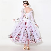 baratos Roupa de Competição-Vestido feminino para competição de dança de salão latina - estampa floral romântica &amp;vestido de dança moderna com saia de babados
