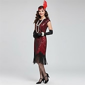 preiswerte 1920er Kleider-Set Goldene Zwanziger 1920er Knielang Kleid Flapper Kleid Outfits mit Zubehör Cap-Ärmel Der große Gatsby Hochzeitsgast Quastenfransen V Ausschnitt Rundausschnitt Kostüm Damen Karneval Maskerade