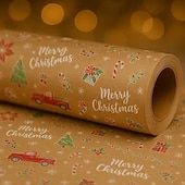 זול אריזת מתנה-גליל אחד של נייר עטיפה גדול לחג המולד באורך 118 אינץ&#039; - נייר קראפט דו-צדדי בצבע חום בהיר עם פתיתי שלג אדומים/ירוקים/זהובים, פעמוני סוכריות על מקל, איילים וטקסט &quot;חג מולד שמח&quot;.