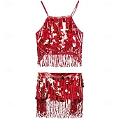 preiswerte Oberteile &amp; Sets-Samba Dancewear Damen 2-teiliges Pailletten Bauchtanzrock-Set Fransen Hüftschal mit Halter-Bra-Tops Leistungskostüm