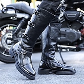 abordables Bottes de motard-Bottes de moto pour homme en similicuir noir avec sangles – élégantes et pratiques pour la moto, les activités de plein air et les sorties décontractées.