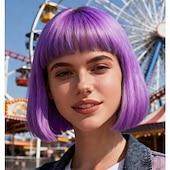 cheap Carnival Wigs-Purple Bob Wig With Bangs 12 Inch Short Synthetic Fiber Bob Wigs for Women Short Bob Wigs and Halloween Cosplay Wig for Daily Life Colorful Wigs With for Carnival Festival Party