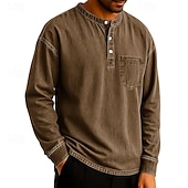 levne Ležérní tričko Henley-SoftFade™ Pánské tričko Henley T-shirt Tee dlouhý rukáv jednobarevné vintage retro ležérní styl obarvené vybledlé Henley ležérní jaro podzim černá šedá světle modrá Henley T-Shirt