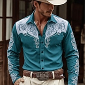 olcso férfi nyugati ingek-Férfi Virágminta Etno Virágok Ing Nyugati ing Cowboy ing Hosszú ujj Vintage Retro Hétköznapi Szabadtéri Munkaruha Tavasz Ősz Térfogatcsökkenés Elöl két zseb Vászonszerű ing Gombolható ingek Medence