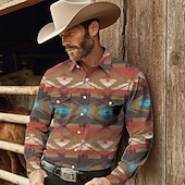 economico camicie western da uomo-Per uomo Azteco Etnico Cultura indiana Camicia Camicia Western Camicia da cowboy Manica Lunga Vintage Retrò Casuale All'aperto Abbigliamento da lavoro Primavera Autunno Collo ripiegato Due tasche