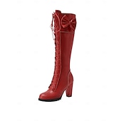 preiswerte Modische Stiefel-Rote, kniehohe Schnürstiefel für Damen mit Schleifendetail – stylische Stiefel mit Blockabsatz für Herbst und Winter