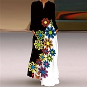 levne Tisknout květinové šaty-Dámské Dlouhé šaty Maxi šaty Květinové šaty Šaty s potiskem Moderní Denní Jdeme ven Víkend Běžný Květinový Dlouhý rukáv Do V Vodní modrá Černá Rubínově červená Trávová zelená Jaro Podzim