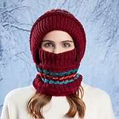billiga varm och uppvärmd samling-3-i-1-mössa vinterstickad mössa halsduk och ansiktsmask set för kvinnor fleecefodrad varm hörselskydd mössa kallt väder cykling utomhus mysig stickad mössa för flickor