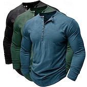 preiswerte Lässiges Henley-T-Shirt-3er-Pack Henley-Shirts für Herren, langärmlig, einfarbig, modisch, lässig, für Alltag und Freizeit, 3er-Pack, Henley-Shirts in Blau, Weiß und Schwarz, ideal für Sommer und Frühling,