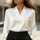 preiswerte Schicke Blusen-Damen Hemd Elegant Satin-Top Bluse Gerafft Patchwork Drapiert Einfach Elegant Vintage Niedlich Langarm V Ausschnitt Normale Oberteile Täglich Arbeit Ferien Schwarz Weiß Rosa Khaki Herbst Winter