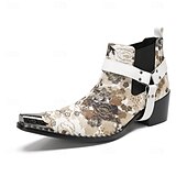 halpa Ensiluokkaiset nahkasaappaat-Miesten kukkakuvioiset valkoiset nahkaiset nilkkurit - muodikas solkiyksityiskohta rohkealla kukkakuviolla, täydellinen katutyyliin ja rennoille tilaisuuksille