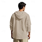 cheap Men's Popover Shirts-Men's Shirt Popover Shirt Summer Shirt Casual Shirt Beach Shirt Black White Yellow Navy Blue khaki Long Sleeve Solid Color Hooded Vacation Casual Drawstring Clothing Apparel Fashion Casual Comfortable