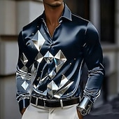 preiswerte Herren Satin Hemd-Herren Geometrisch Karo / Karomuster Glas Hemd Satinhemd Kleidhemd Langarm Business-Casual Urlaub Alltagskleidung Sommer Frühling Herbst Umlegekragen 3D-Druck Hemden mit Knopfleiste Dunkelrot
