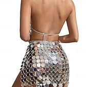 economico Top e Set-Abbigliamento da ballo Samba Mini dress con paillettes lucide da donna – Outfit senza schiena a collo alto in disco metallico per festa nightclub rave|l Costume da spettacolo