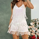 cheap Practice Dresses-Samba Dancewear Sequin Fringe RomperSparkly Glitter Metallic Jumpsuits For WomenBackless Shorts Dress Disco Dance Outfitl Performance Costume