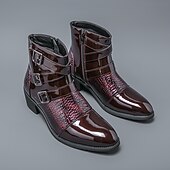 billiga Klädskor-Herrstövlar i vinröda lack i konstläder med tre spännen och krokodilstruktur – trendiga skor för kvällskläder, fester och speciella tillfällen