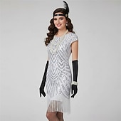 preiswerte 1920er Kleider-Set Goldene Zwanziger 1920er Knielang Kleid Flapper Kleid Outfits mit Zubehör Cap-Ärmel Der große Gatsby Hochzeitsgast Quastenfransen V Ausschnitt Rundausschnitt Kostüm Damen Karneval Maskerade