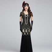 Χαμηλού Κόστους Φορέματα της δεκαετίας του 1920-Σετ Δροσμός 20ετών 1920 Μακρύ Φορέματα Τουαλέτα Σύνολα με αξεσουάρ Κοντά μανίκια Το Great Gatsby Καλεσμένος γάμου Πούλιες Λαιμόκοψη V Φανταχτερή Φόρεμα Γυναικεία