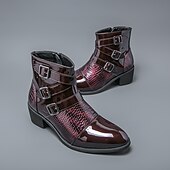 billiga Klädskor-Herrstövlar i vinröda lack i konstläder med tre spännen och krokodilstruktur – trendiga skor för kvällskläder, fester och speciella tillfällen