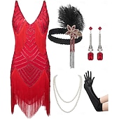 billiga 1920-talets klänningar-Set Roaring 20s 1920s Mini Dress Flapper Dress Outfits with Accessories Sleeveless The Great Gatsby Charleston Sequins Tassel Fringe Feather Deep V Fancy Dress Women's Carnival New Year Masquerade
