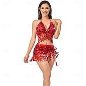 voordelige Toppen en Sets-Samba Dancewear Carnaval Dans Rokken Franje Sequins Vrouwen Performanced Feestthema Feest Mouwloos Polyester Performanced Costume
