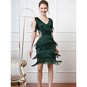 baratos Vestidos dos anos 1920-Roaring 20s 1920s Knee Length Flapper Dress Sleeveless The Great Gatsby Flapper Girl Sequins Fringe V Neck Fancy Dress Women's Christmas Carnival speakeasy Masquerade Retro Theme Party Adults Dress